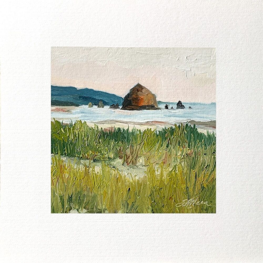 8x8 Oregon Original Oil Painting Seascape Cannon Beach Coast Beach Dunes Signed